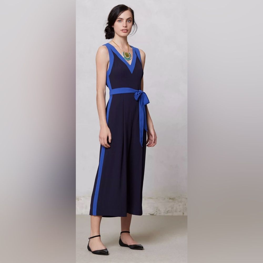 Elevenses Anthropologie Beca Jumpsuit Cutout Back Wide Leg Cropped Blue Size 2